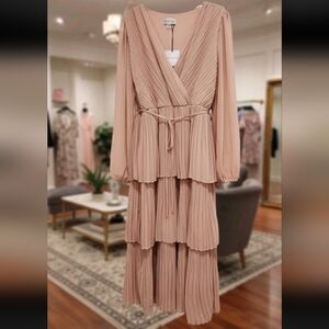 Women's Pleated Midi Flare Dress Size 14 Long Juliette Sleeve Pink Fairy Whimsy
